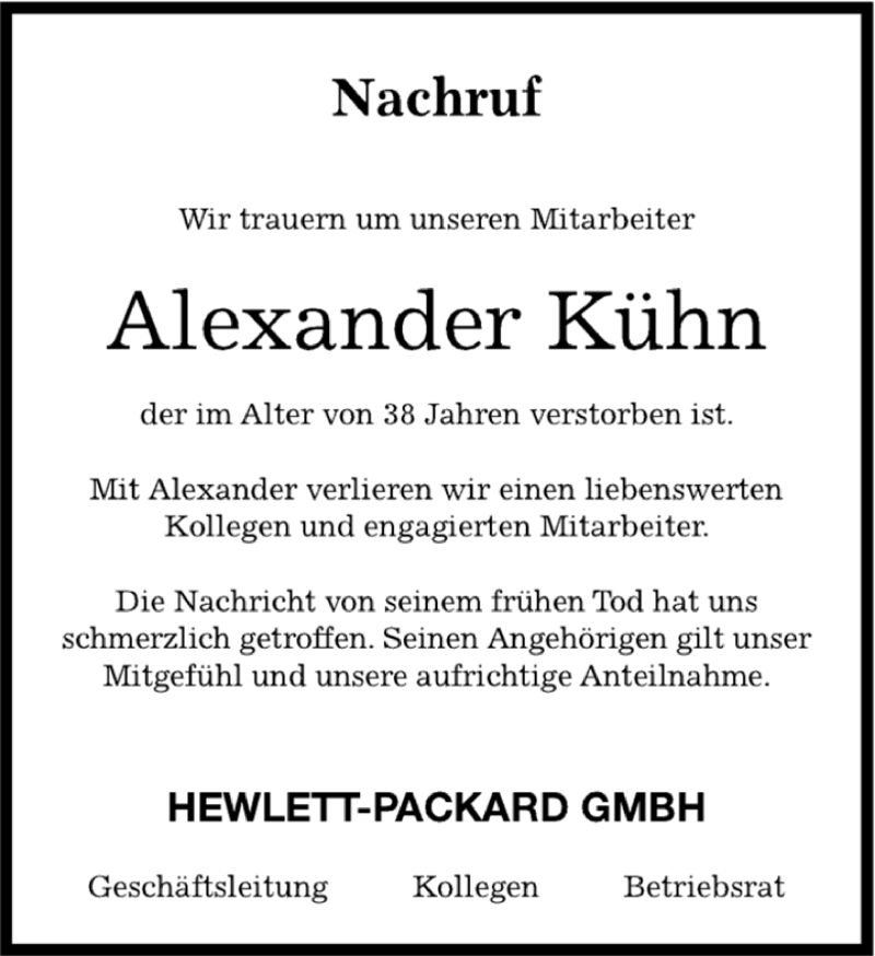  Traueranzeige für Alexander Kühn vom 01.08.2014 aus Kreiszeitung Böblinger Bote