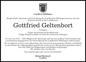 Traueranzeige von Gottfried Geltenbort von Kreiszeitung Böblinger Bote