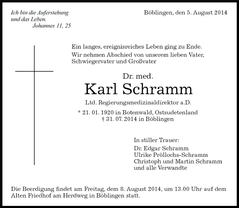  Traueranzeige für Karl Schramm vom 05.08.2014 aus Kreiszeitung Böblinger Bote