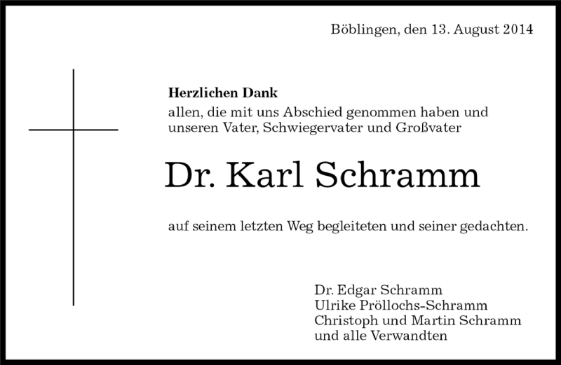  Traueranzeige für Karl Schramm vom 05.08.2014 aus Kreiszeitung Böblinger Bote