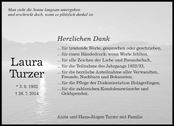 Traueranzeige von Laura Turzer von Kreiszeitung Böblinger Bote