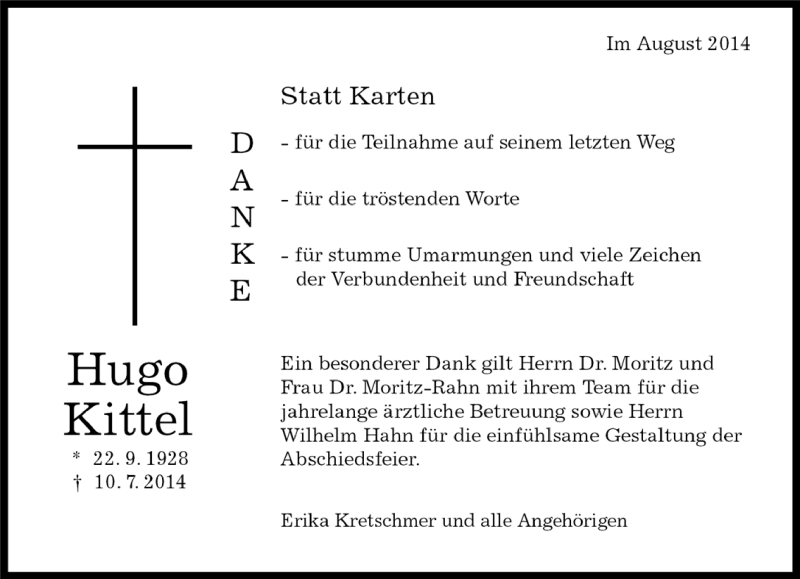  Traueranzeige für Hugo Kittel vom 05.08.2014 aus Kreiszeitung Böblinger Bote
