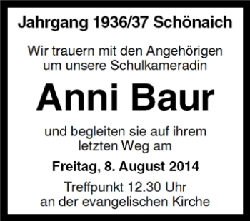 Traueranzeige von Anni Baur von Kreiszeitung Böblinger Bote