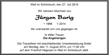 Traueranzeige von Jürgen Barig von Kreiszeitung Böblinger Bote