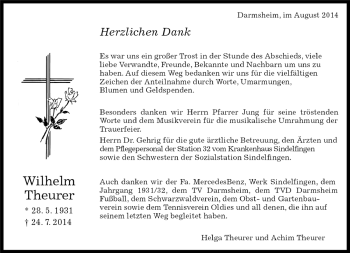 Traueranzeige von Wilhelm Theurer von Kreiszeitung Böblinger Bote