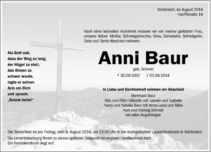  Traueranzeige für Anni Baur vom 05.08.2014 aus Kreiszeitung Böblinger Bote
