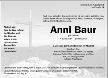 Traueranzeige von Anni Baur von Kreiszeitung Böblinger Bote