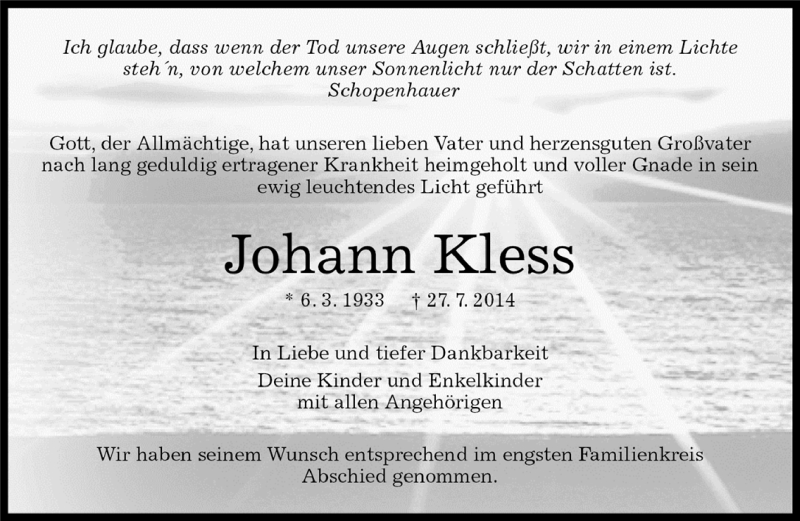  Traueranzeige für Johann Kless vom 05.08.2014 aus Kreiszeitung Böblinger Bote