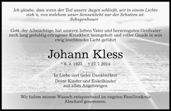 Traueranzeige von Johann Kless von Kreiszeitung Böblinger Bote