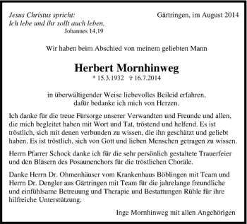 Traueranzeige von Herbert Mornhinweg von Kreiszeitung Böblinger Bote
