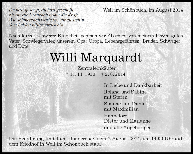  Traueranzeige für Willi Marquardt vom 05.08.2014 aus Kreiszeitung Böblinger Bote