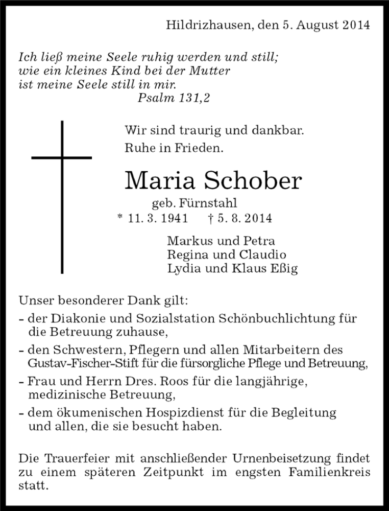  Traueranzeige für Maria Schober vom 05.08.2014 aus Kreiszeitung Böblinger Bote
