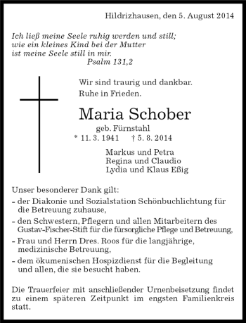 Traueranzeige von Maria Schober von Kreiszeitung Böblinger Bote