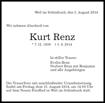 Traueranzeige von Kurt Renz von Kreiszeitung Böblinger Bote