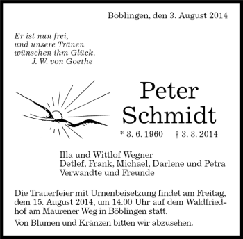 Traueranzeige von Peter Schmidt von Kreiszeitung Böblinger Bote