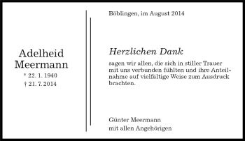 Traueranzeige von Adelheid Meermann von Kreiszeitung Böblinger Bote
