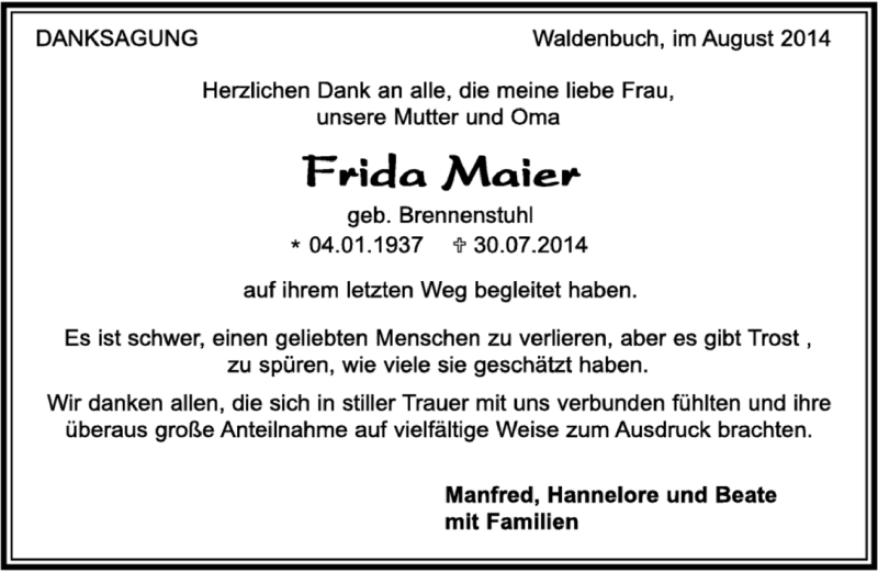  Traueranzeige für Frida Maier vom 07.08.2014 aus Kreiszeitung Böblinger Bote