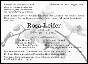 Traueranzeige von Rosa Leifer von Kreiszeitung Böblinger Bote