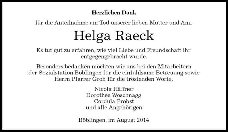  Traueranzeige für Helga Raeck vom 08.08.2014 aus Kreiszeitung Böblinger Bote