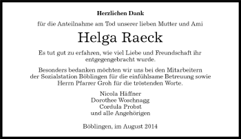 Traueranzeige von Helga Raeck von Kreiszeitung Böblinger Bote