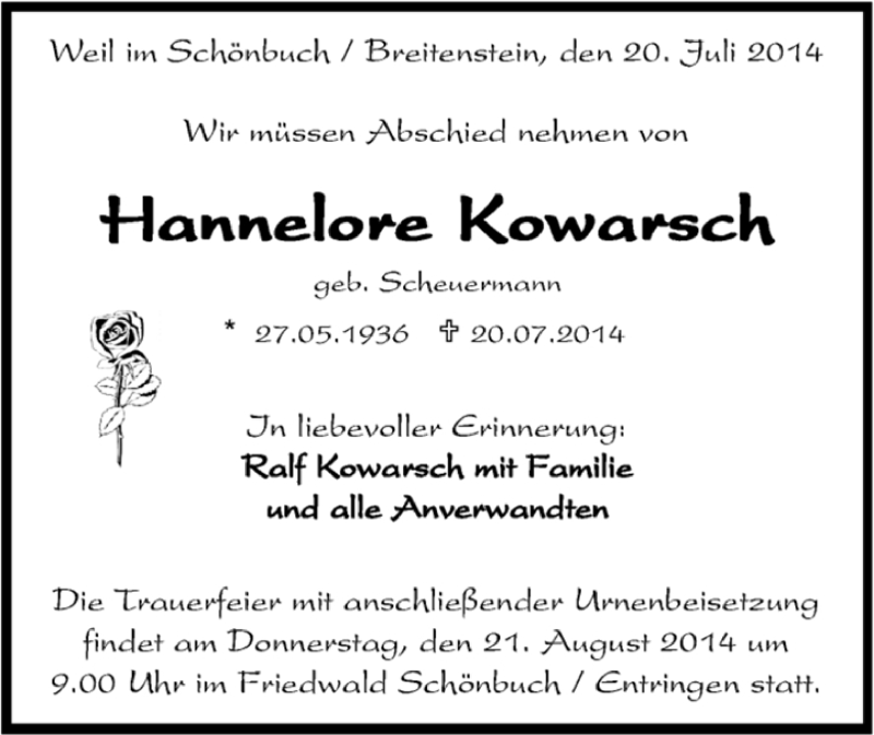  Traueranzeige für Hannelore Kowarsch vom 11.08.2014 aus Kreiszeitung Böblinger Bote