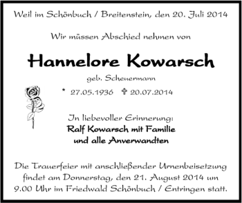 Traueranzeige von Hannelore Kowarsch von Kreiszeitung Böblinger Bote