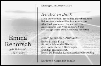 Traueranzeige von Emma Rehorsch von Kreiszeitung Böblinger Bote