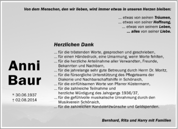 Traueranzeige von Anni Baur von Kreiszeitung Böblinger Bote