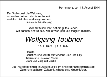 Traueranzeige von Wolfgang Teubner von Kreiszeitung Böblinger Bote