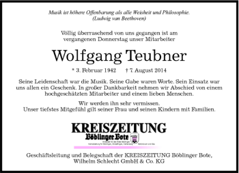 Traueranzeige von Wolfgang Teubner von Kreiszeitung Böblinger Bote