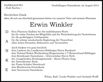 Traueranzeige von Erwin Winkler von Kreiszeitung Böblinger Bote