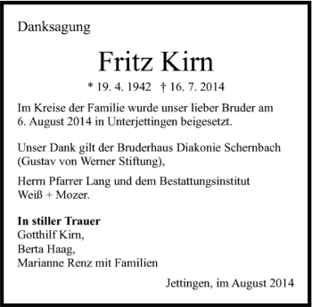 Traueranzeige von Fritz Kirn von Kreiszeitung Böblinger Bote