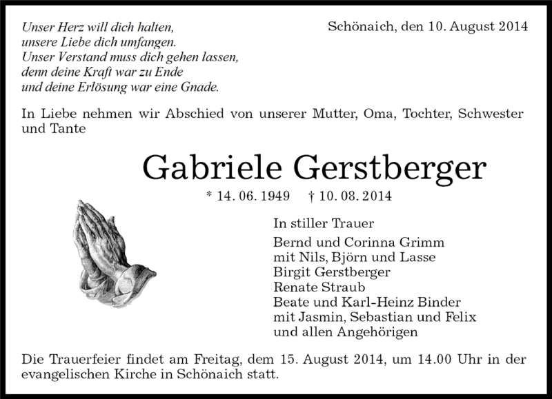  Traueranzeige für Gabriele Gerstberger vom 12.08.2014 aus Kreiszeitung Böblinger Bote