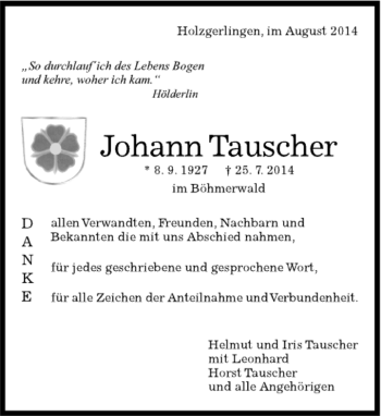 Traueranzeige von Johann Tauscher von Kreiszeitung Böblinger Bote