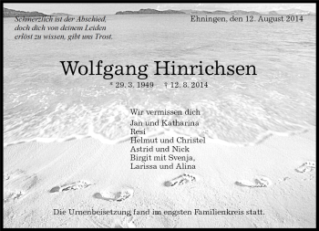 Traueranzeige von Wolfgang Hinrichsen von Kreiszeitung Böblinger Bote