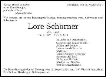 Traueranzeige von Lore Schörner von Kreiszeitung Böblinger Bote