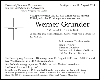 Traueranzeige von Werner Grunder von Kreiszeitung Böblinger Bote
