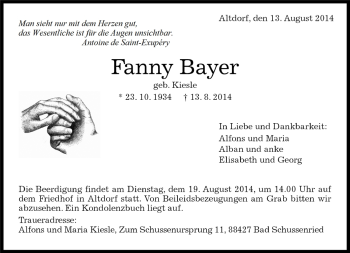 Traueranzeige von Fanny Bayer von Kreiszeitung Böblinger Bote