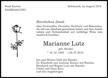 Traueranzeige von Marianne Lutz von Kreiszeitung Böblinger Bote