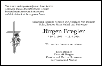 Traueranzeige von Jürgen Bregler von Kreiszeitung Böblinger Bote