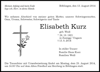 Traueranzeige von Elisabeth Kurz von Kreiszeitung Böblinger Bote