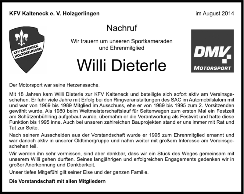  Traueranzeige für Willi Dieterle vom 18.08.2014 aus Kreiszeitung Böblinger Bote