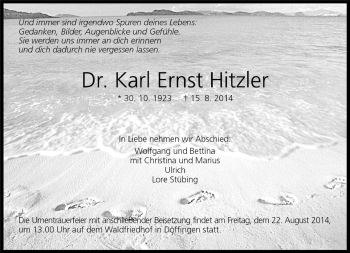 Traueranzeige von Karl Ernst Hitzler von Kreiszeitung Böblinger Bote