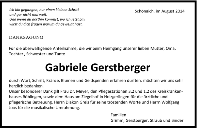  Traueranzeige für Gabriele Gerstberger vom 19.08.2014 aus Kreiszeitung Böblinger Bote