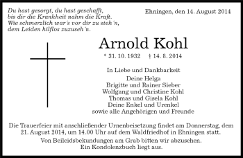 Traueranzeige von Arnold Kohl von Kreiszeitung Böblinger Bote