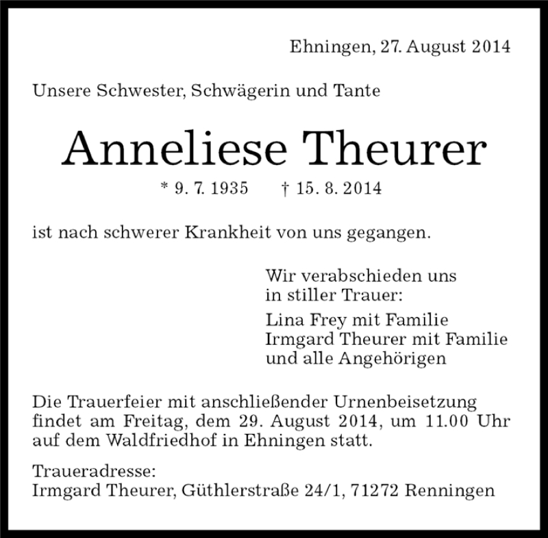  Traueranzeige für Anneliese Theurer vom 19.08.2014 aus Kreiszeitung Böblinger Bote