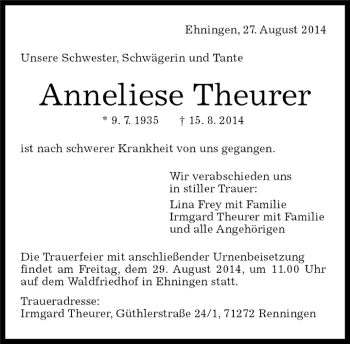 Traueranzeige von Anneliese Theurer von Kreiszeitung Böblinger Bote