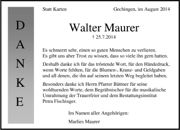Traueranzeige von Walter Maurer von Kreiszeitung Böblinger Bote
