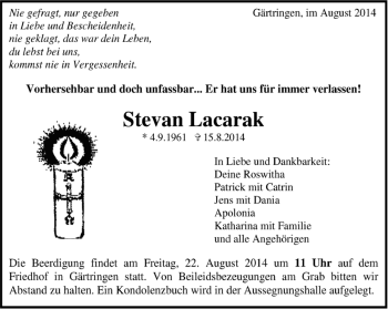 Traueranzeige von Stevan Lacarak von Kreiszeitung Böblinger Bote