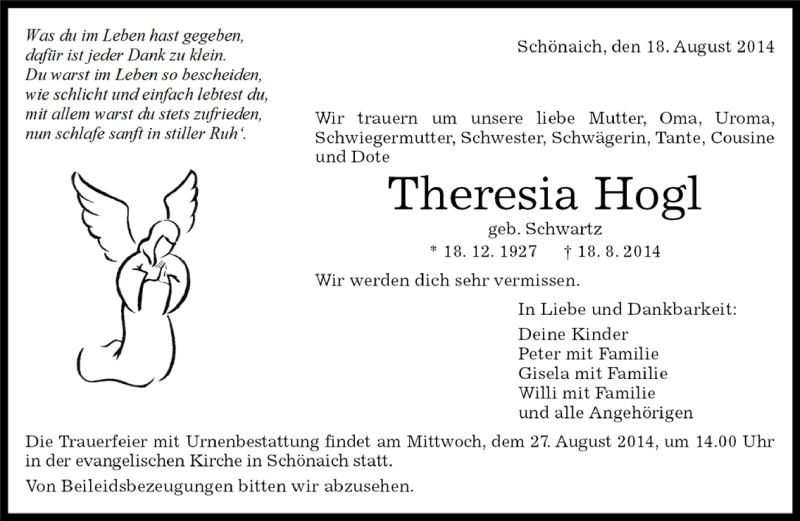  Traueranzeige für Theresia Hogl vom 19.08.2014 aus Kreiszeitung Böblinger Bote
